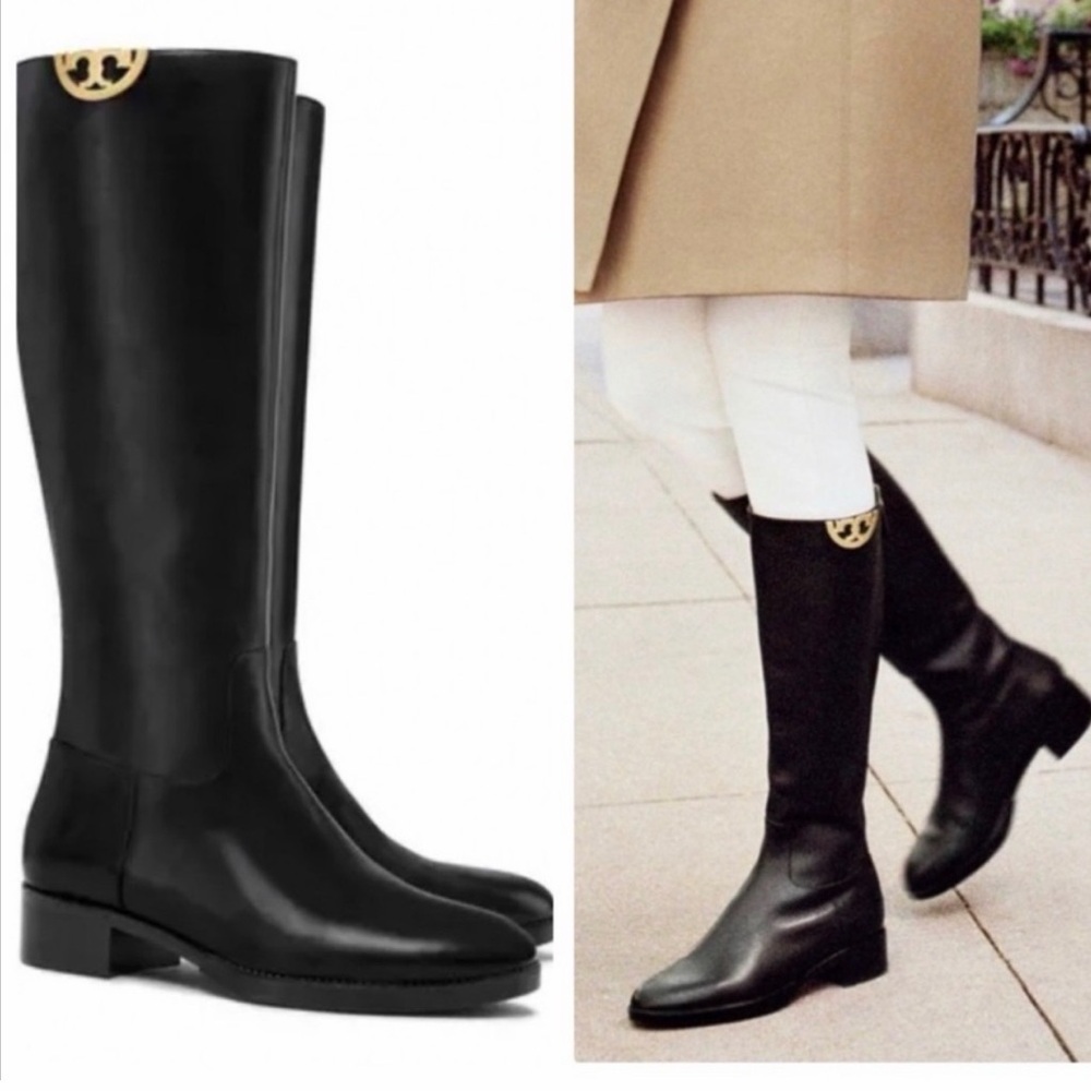 Tory Burch Black Leather Knee-High Riding Boots with Gold Logo